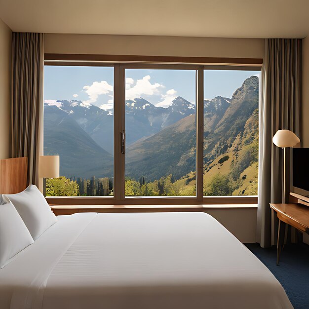 Photo a hotel room with a bed and a mountain view