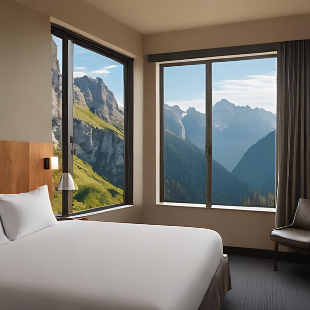 a hotel room with a bed and a mountain view