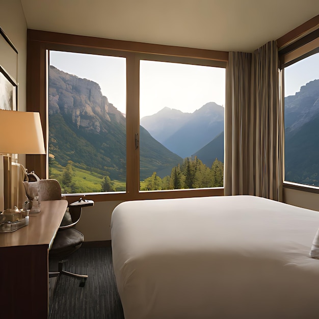 ベッドと山の景色のあるホテルの部屋