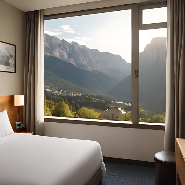 a hotel room with a bed and a mountain view