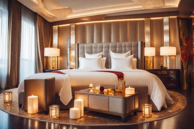 Photo a hotel room with a bed a table and lamps with candles on it