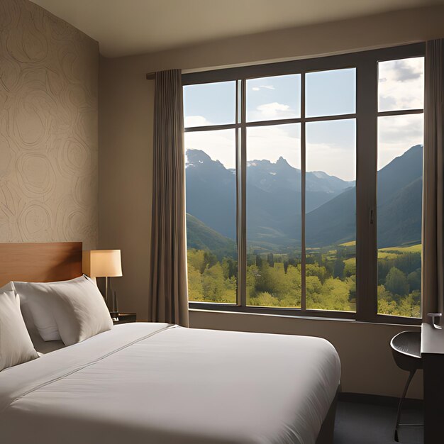 a hotel room with a bed and a window with a view of mountains