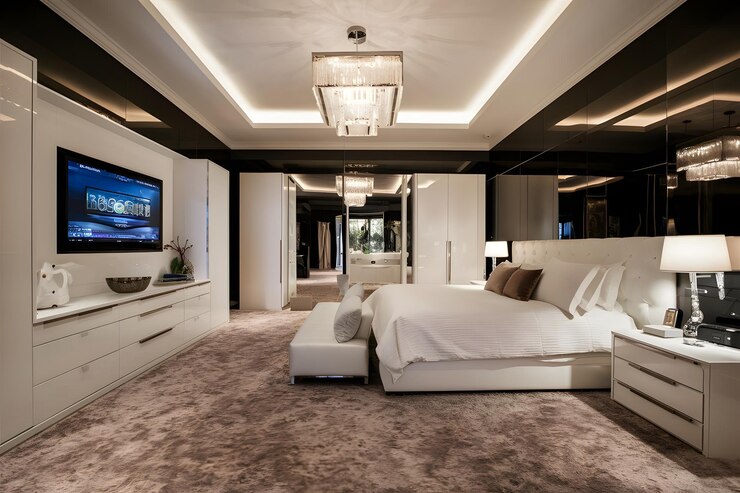 Photo a hotel room with a tv and a tv on the wall