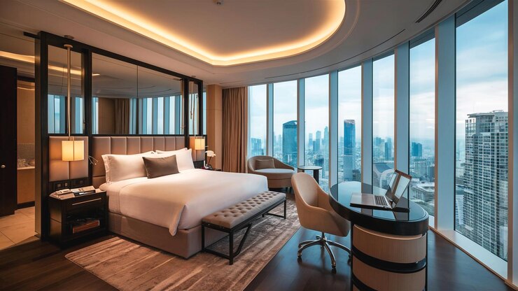 Photo 外の街が見えるホテルの部屋