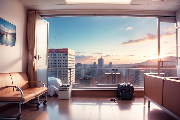 A hotel room with a view of the city and the word
