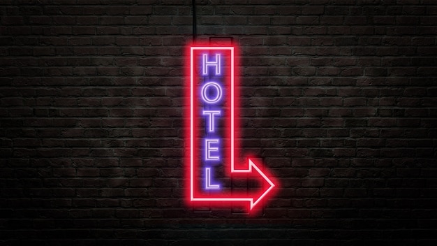 Photo hotel sign emblem in neon style on brick wall