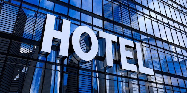 Hotel sign on modern glass building facade