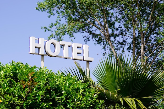 Foto testo del segno dell'hotel nel cielo blu con la vacanza turistica della città della palma verde dell'albero