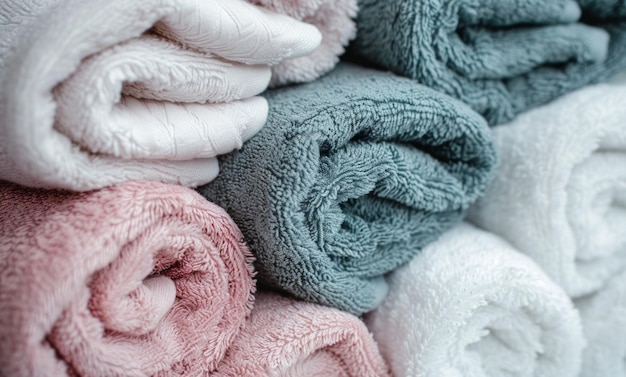 Hotel towel laundry and clean fabric background for laundromat business detergent or hygiene