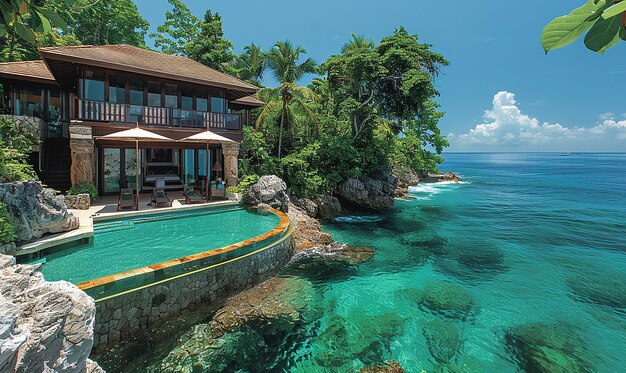 Photo a hotel with a beach hut on the water