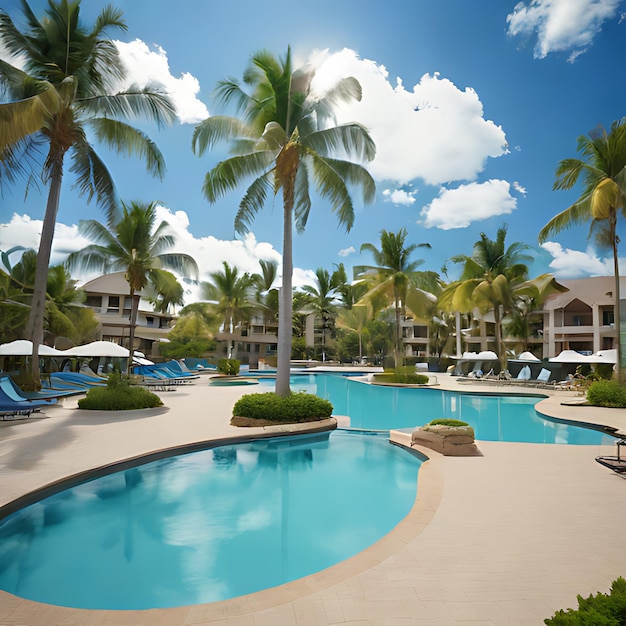 a hotel with palm trees and a blue pool with a sky background