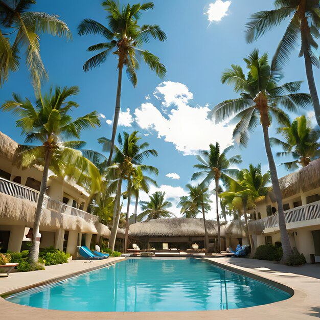 a hotel with palm trees and a pool with a balcony in the background