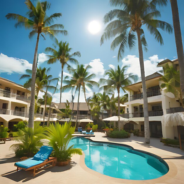 a hotel with palm trees and a pool with a blue lounge chair