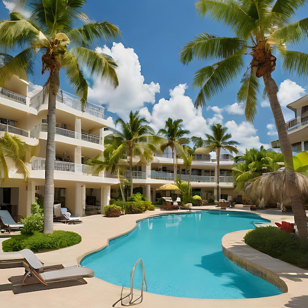 a hotel with palm trees and a pool with a blue sky and palm trees