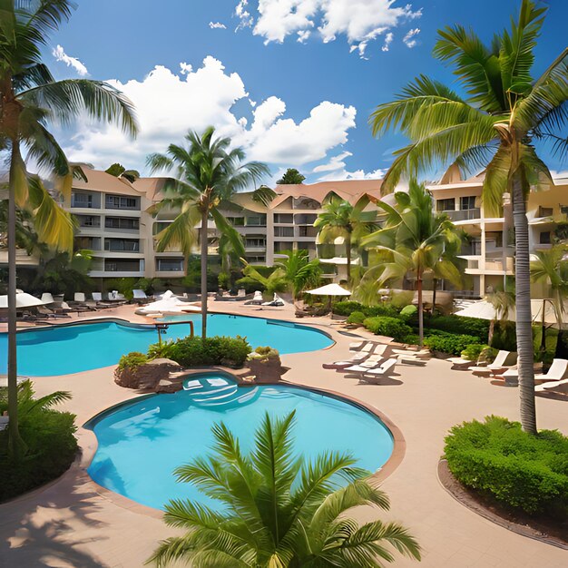 a hotel with palm trees and a pool with palm trees and a blue sky