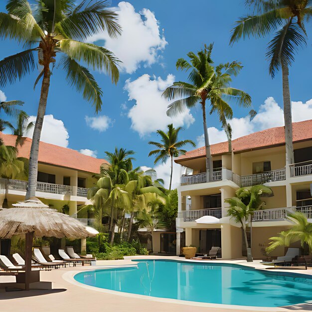 a hotel with a pool and palm trees and a building with a balcony