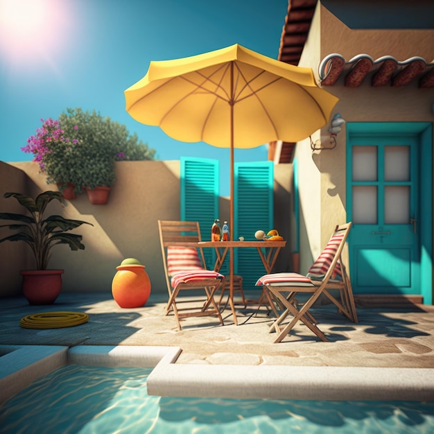Hotel with pool over table under umbrella on sunny day created using generative ai technology