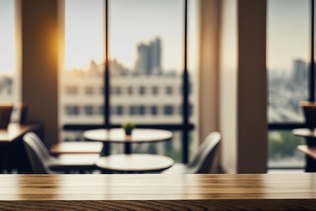 Hotellobby met houten tafel en grote ramen