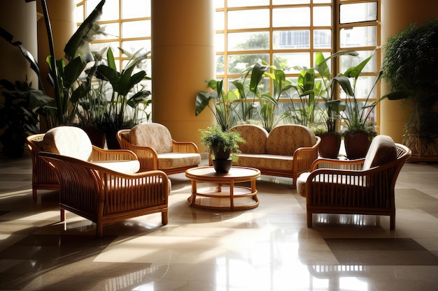 Hotellobby met meubels in Aziatische stijl professionele fotografie Ai gegenereerd