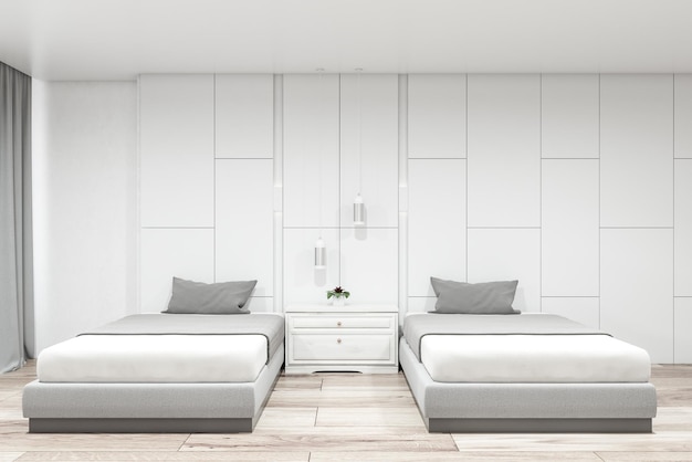 Hotelsuite interieur met witte muren, een houten vloer, twee bedden en een groot raam met gordijnen erop. 3D-weergave