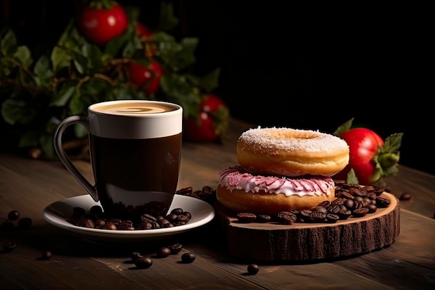 hoto A cup of coffee and delicious donuts on the table
