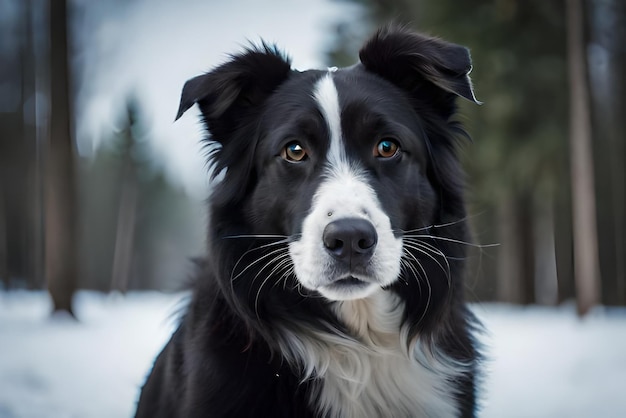 hoto portrait of a black border collie with an adorable beanie in a forest covered in the snow