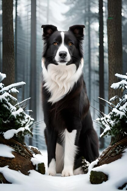 Foto ritratto fotografico di un border collie nero con un adorabile berretto in una foresta coperta di neve