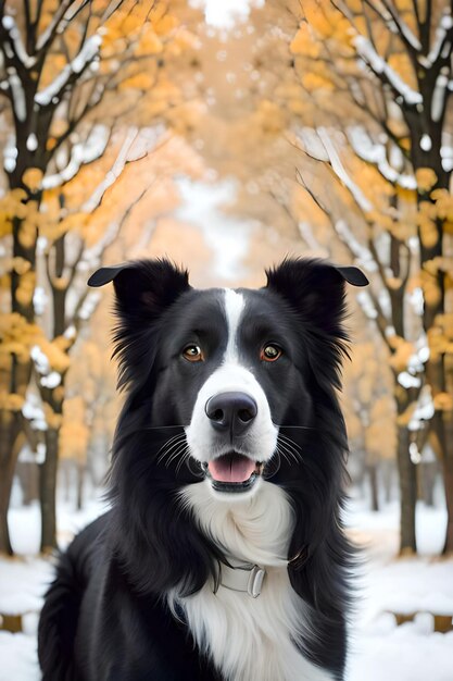 Ritratto fotografico di un border collie nero con un adorabile berretto in una foresta coperta di neve