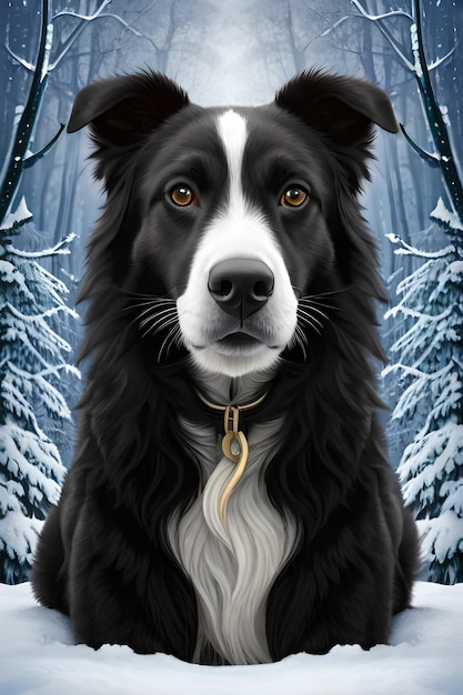 hoto portrait of a black border collie with an adorable beanie in a forest covered in the snow