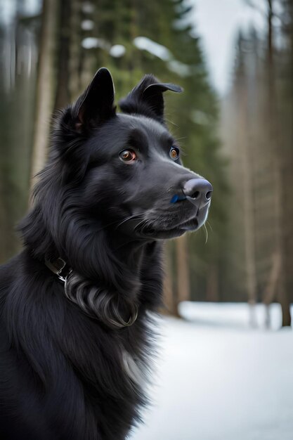 Photo hoto portrait of a black border collie with an adorable beanie in a forest covered in the snow