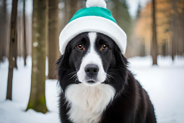 Foto hoto portret van een zwarte border collie met een schattige muts in een bos bedekt met sneeuw