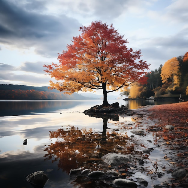 hoto of a tree in beautiful autumn colors tree standing in front of a lake colorful autumn leaves