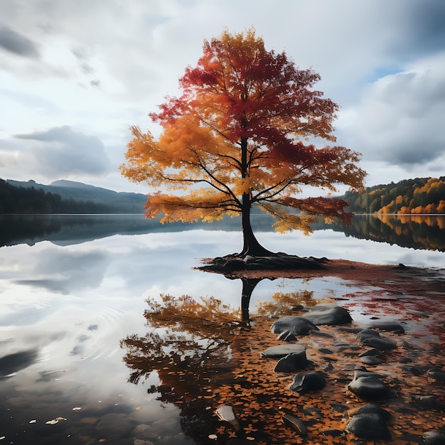 hoto van een boom in prachtige herfstkleuren boom die voor een meer staat kleurrijke herfstbladeren