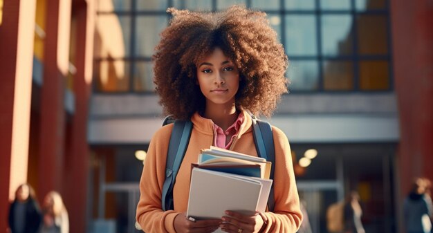 Hoto of a young student with curly afro hair with a backpack on her shoulders holding textbooks