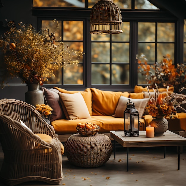 hotography of A cozy autumn setting with pumpkins and leaves in shades of orange brown and gold