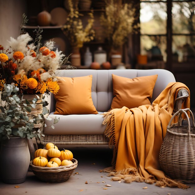 hotography of A cozy autumn setting with pumpkins and leaves in shades of orange brown and gold