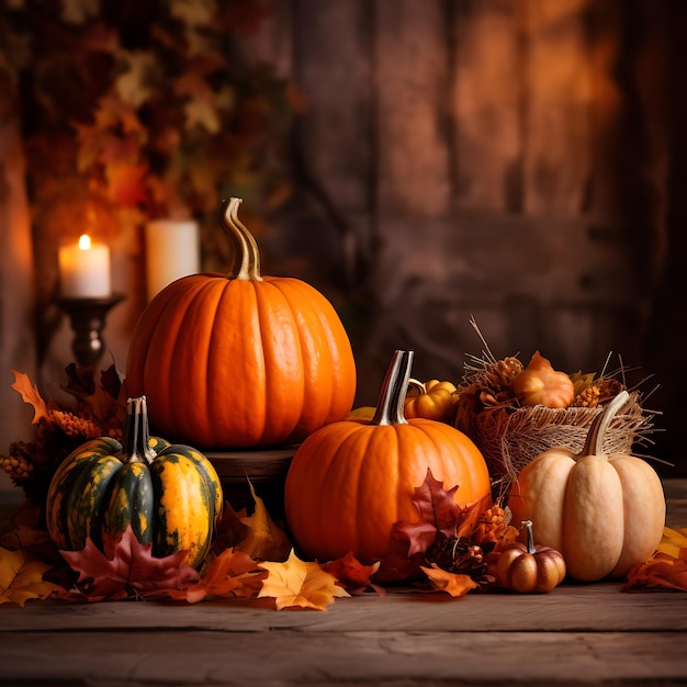 hotography of A cozy autumn setting with pumpkins and leaves in shades of orange brown and gold