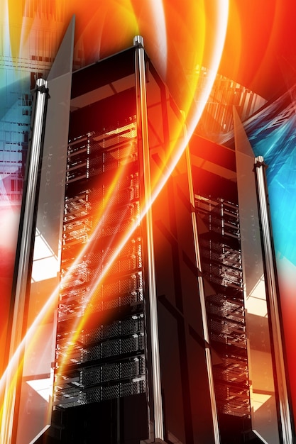 Hottest server deals hosting and networking theme cool colorful vertical hosting theme with server racks and burning orangered wavy ornaments hot servers 3d rendered illustration