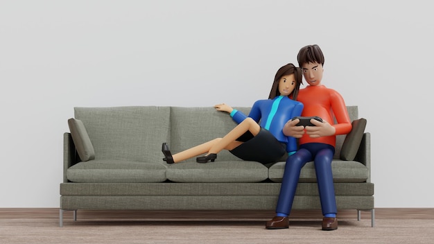 Hou van een paar man en vrouw die samen een spel op de bank leggen, romantische valentijnsdag 3D-rendering