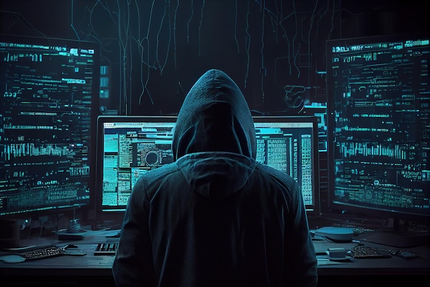 Foto houd het hacksysteem in de gaten dat wordt gebruikt door cybercriminelen