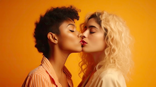 Houd van diversiteit en kus lesbisch koppel op studioachtergrond in gelukkige lgbt-relatie samen