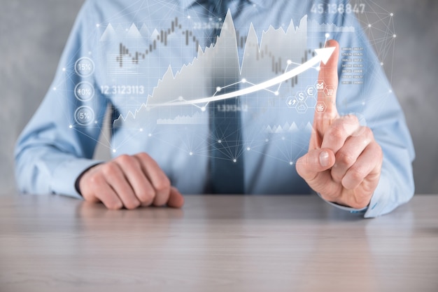 houd verkoopgegevens en grafiek van de economische groei vast. planning en strategie. Het analyseren van de handel in beurzen