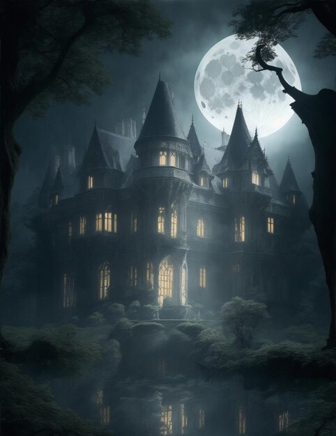 Замок с призраками на гигантской луне в полночь