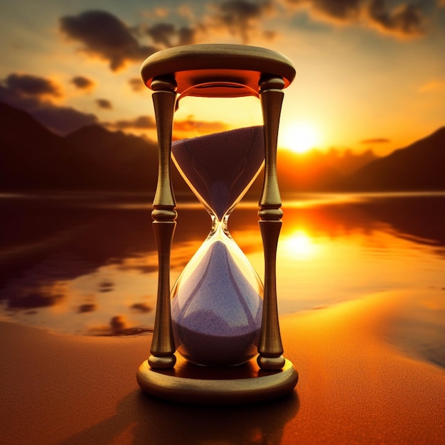 Hourglass on the background of beautiful sunset 3D rendering