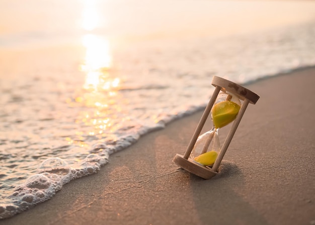 Photo hourglass on the beach in the sunset time the concept about countdown to summer travel vacation and relaxation