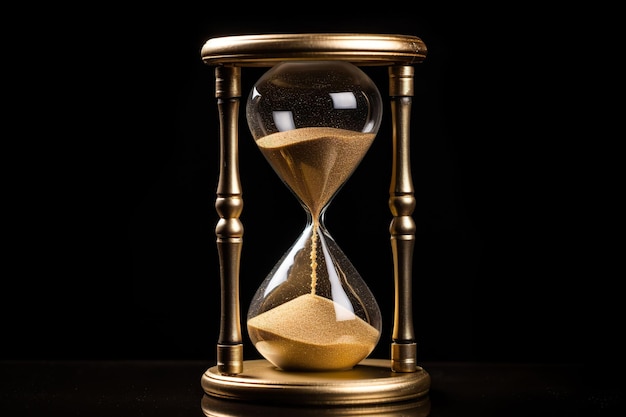 Hourglass on black background Sand running through the glass Time passing concept