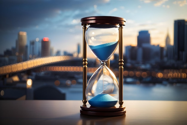 An hourglass on city background