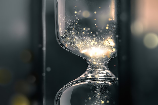 Фото Песочные часы крупным планом с сияющим песком внутри концептуального образа времени d дизайна, выполненного на основе п ...