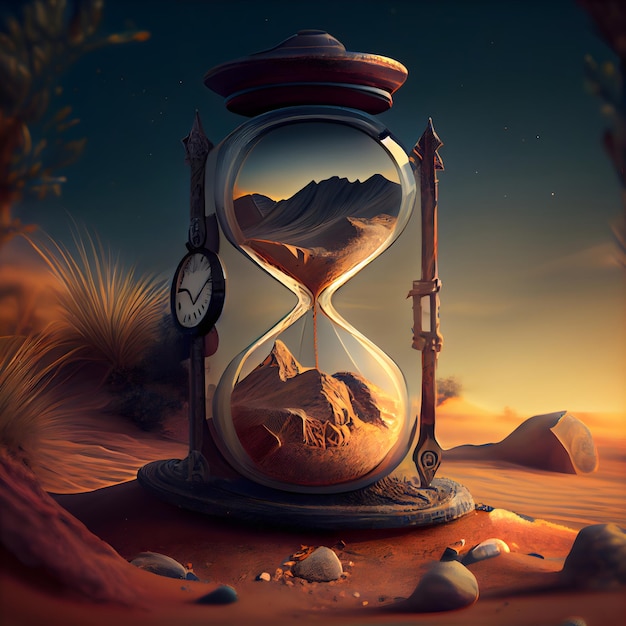 Hourglass in desert 3d render Time management concept