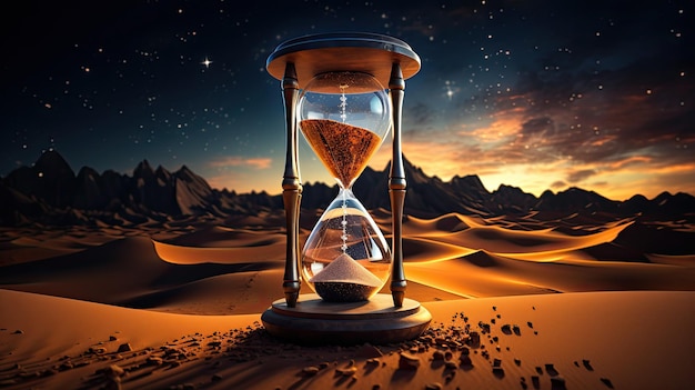 hourglass in desert at night